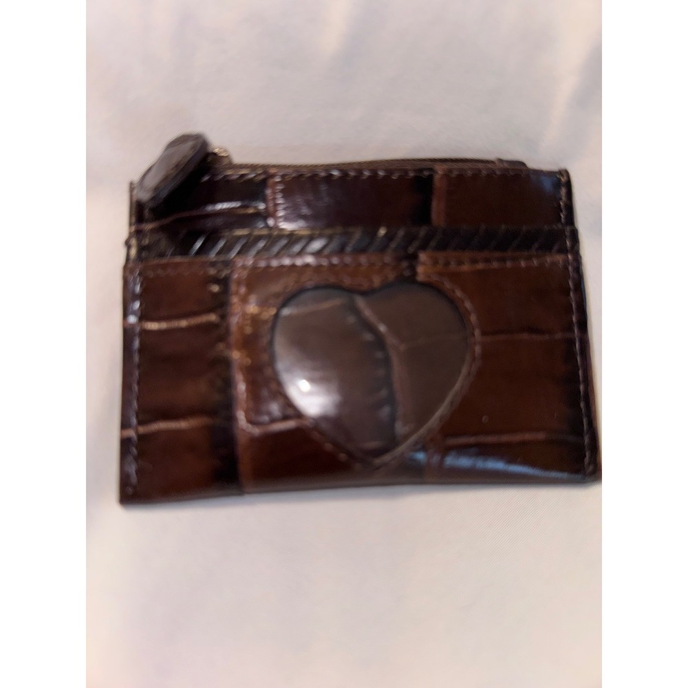 Brighton Brown Croc Embossed Leather Card Case Wallet Heart ID Window Zip Top